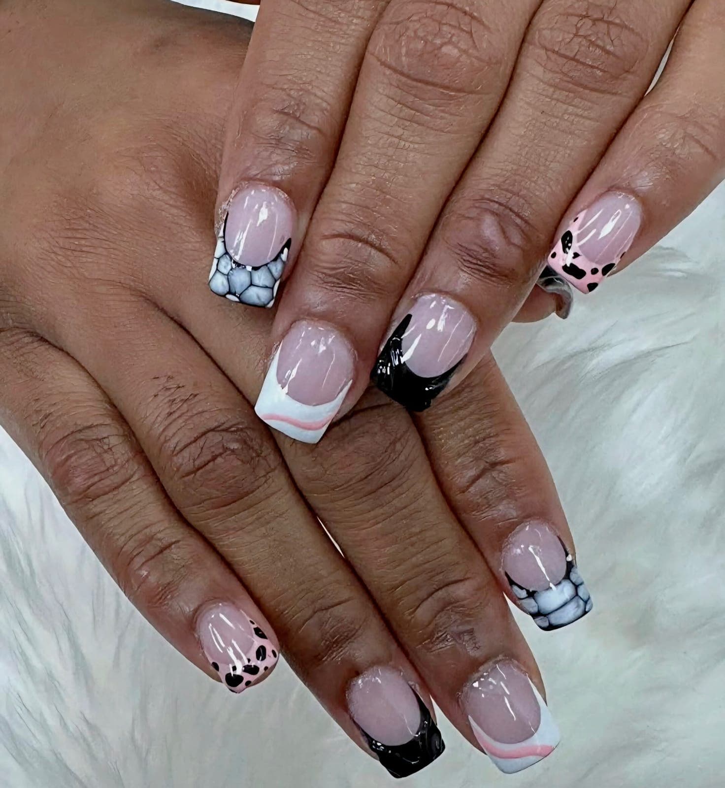 Black and white French tips with dot art