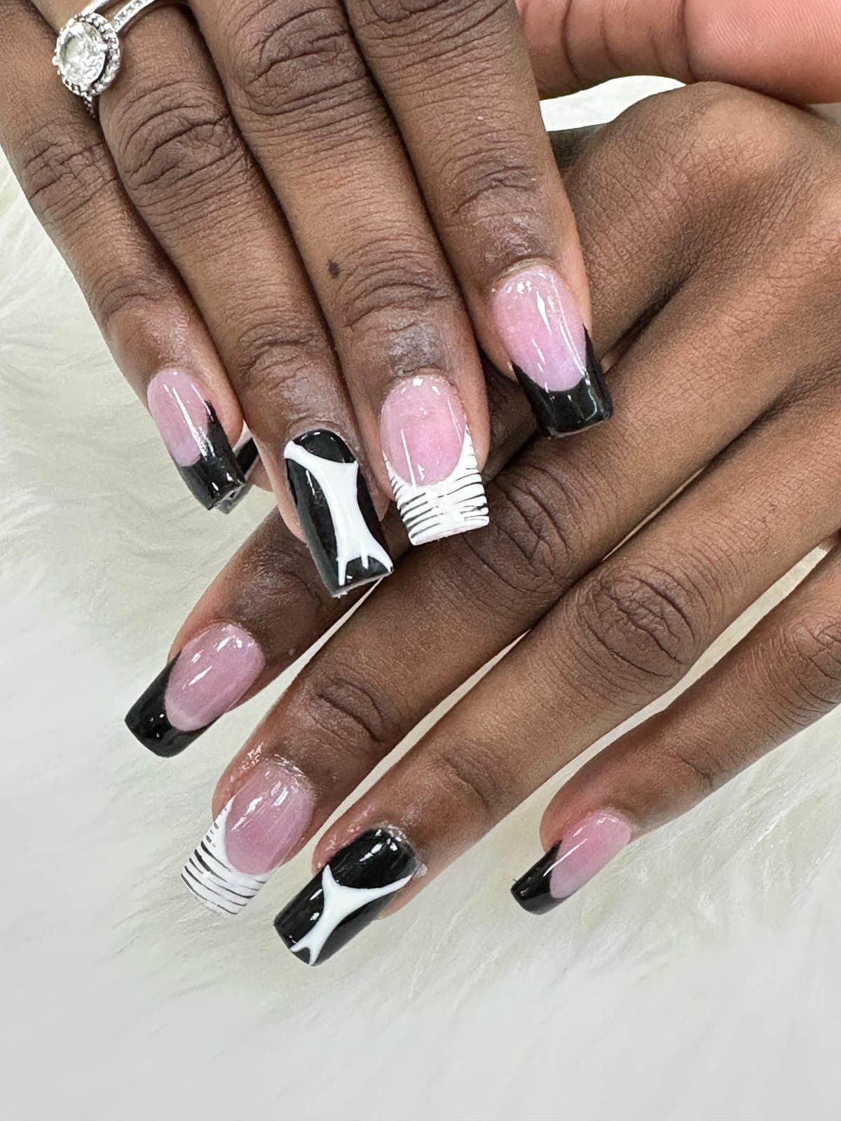 Black and white French tips with line art