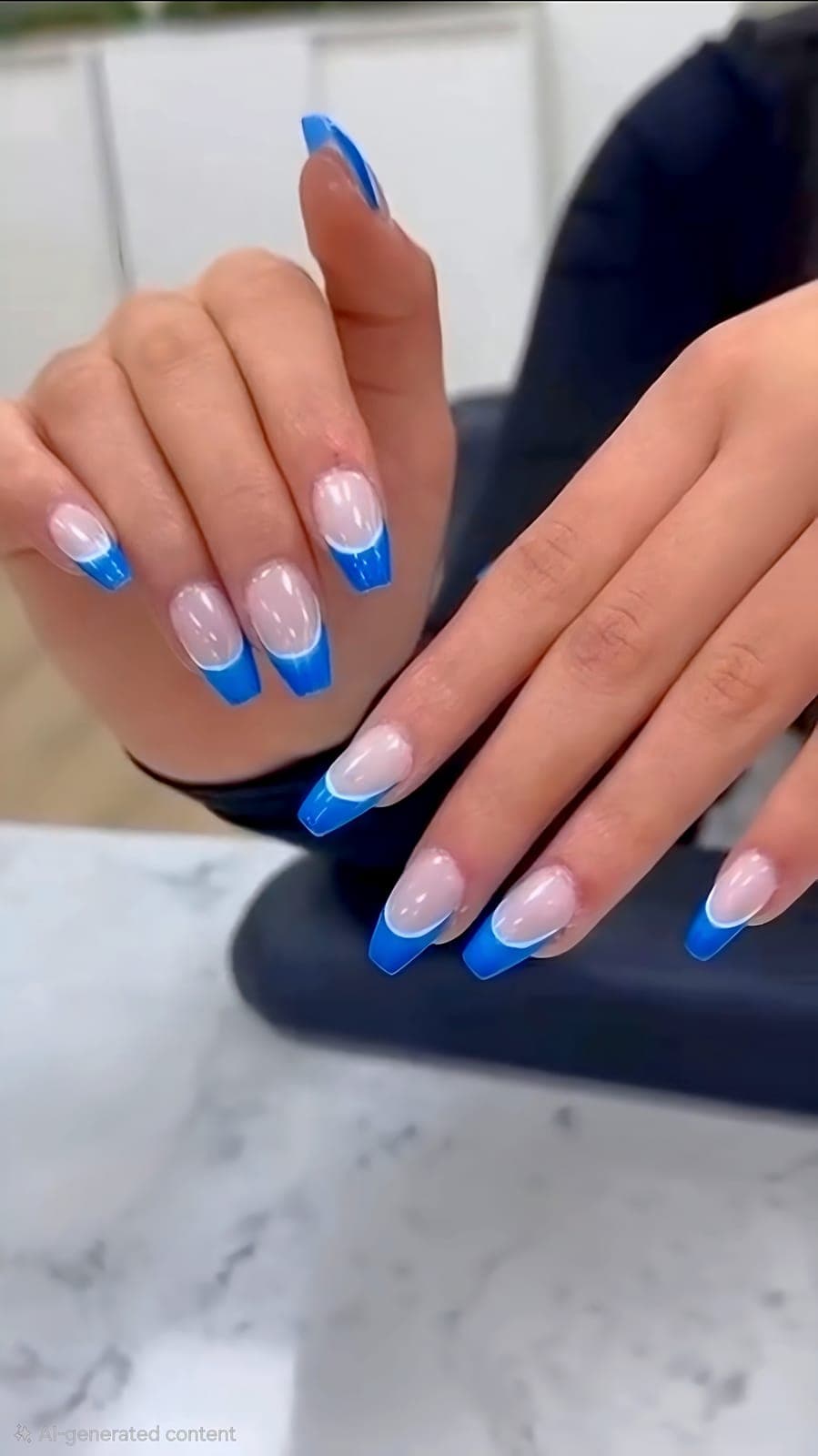 Blue French almond nails