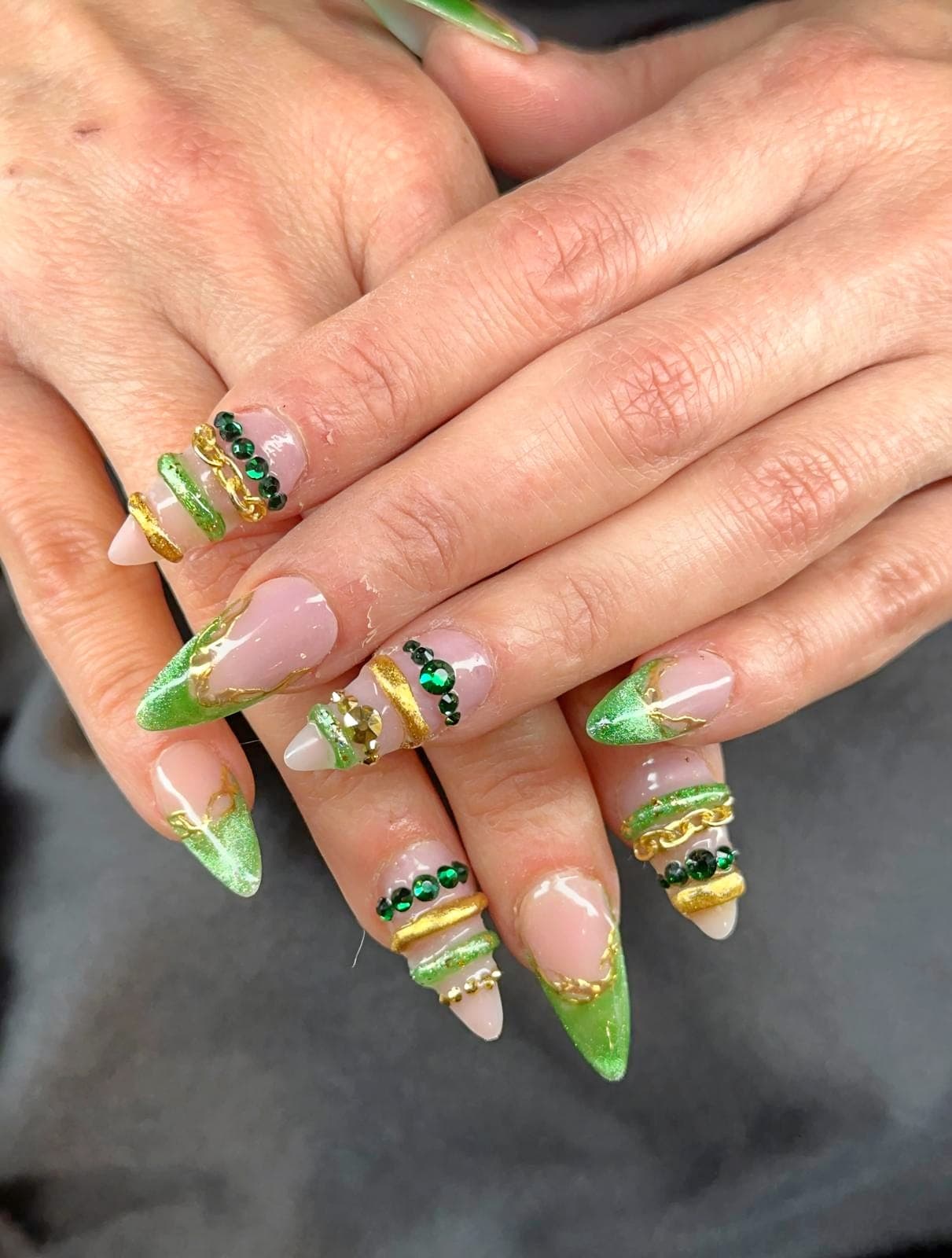 Green French tips with gold charms