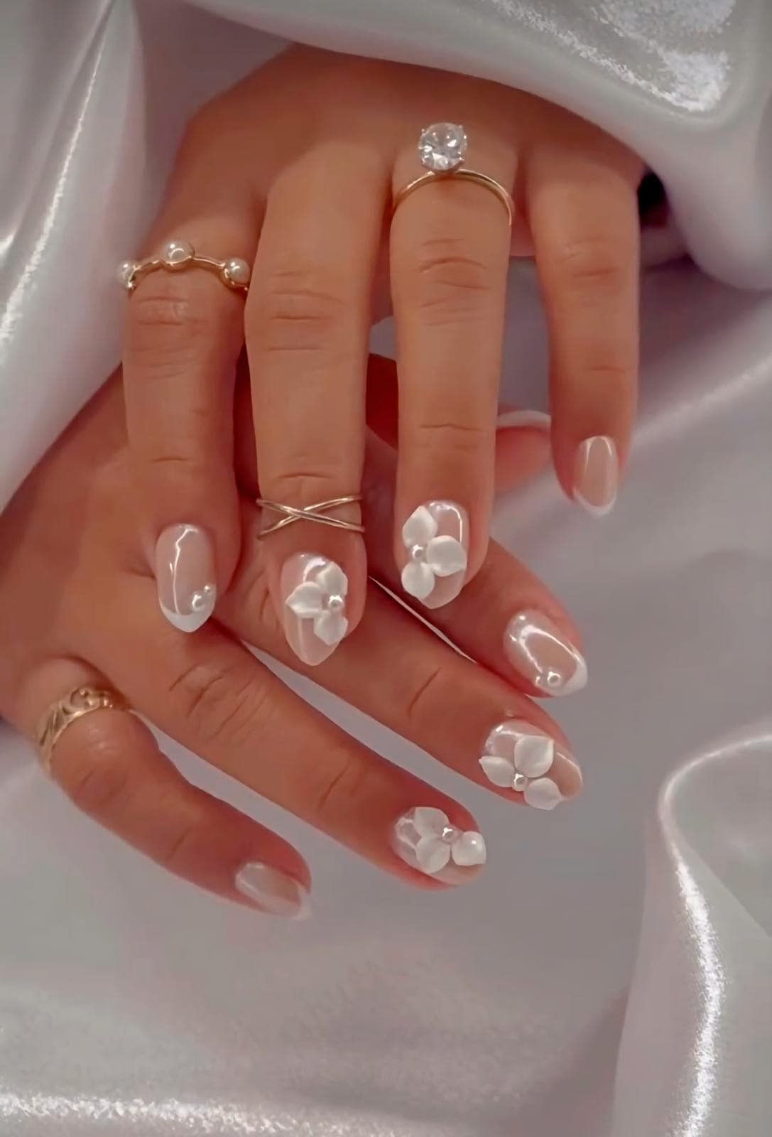 Milky white nails with 3D flowers