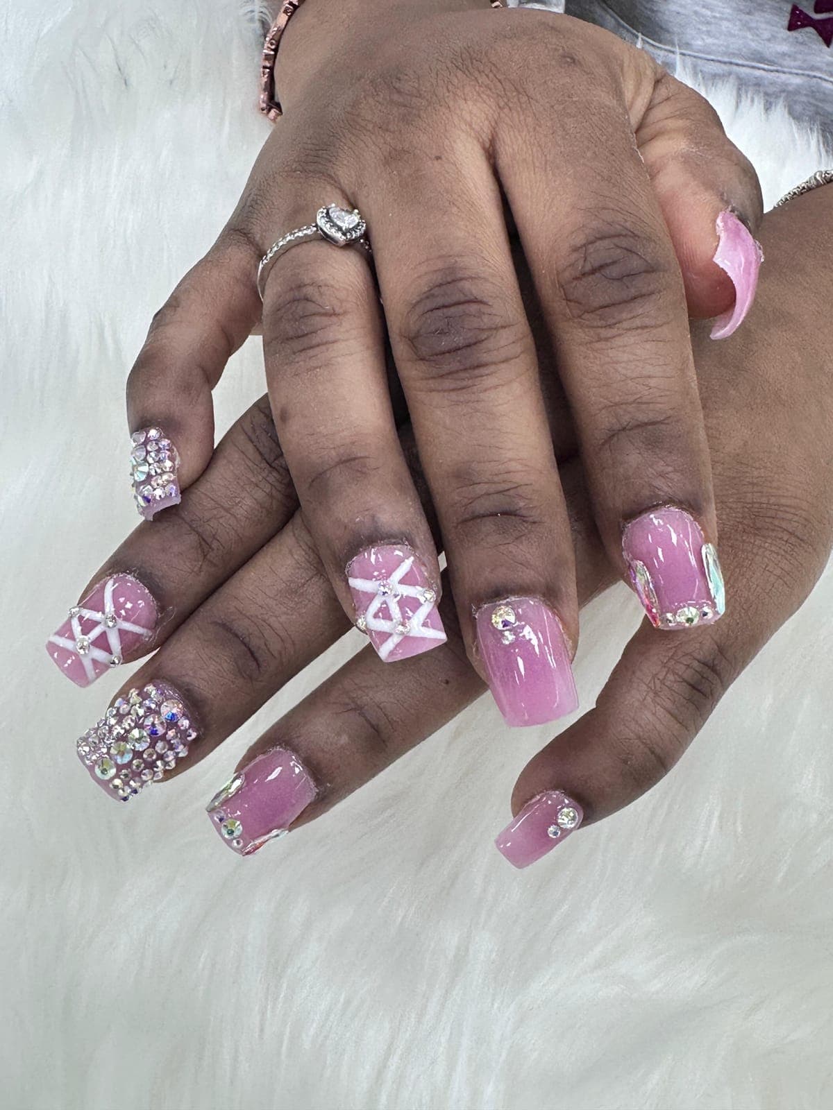 Pink square nails with crystals