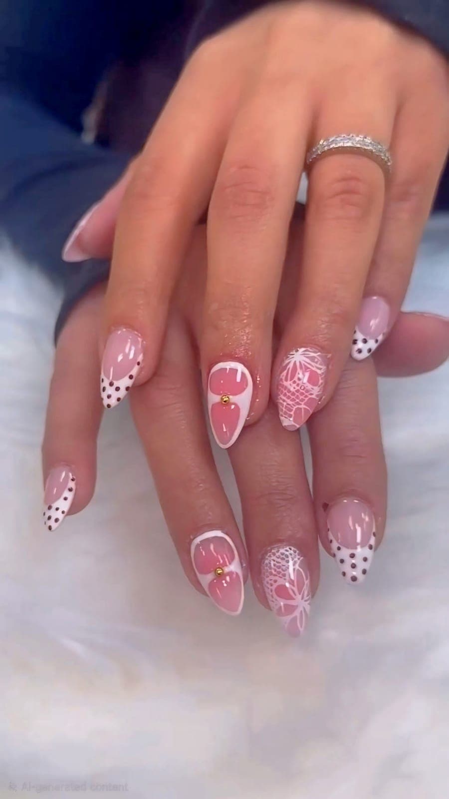 Pink almond nails with dots and flowers