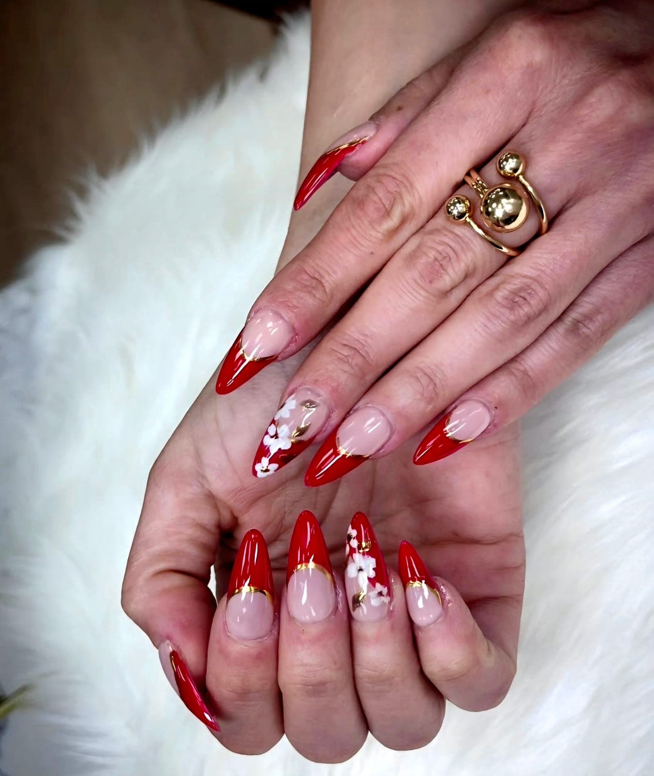 Red French tips with flower art