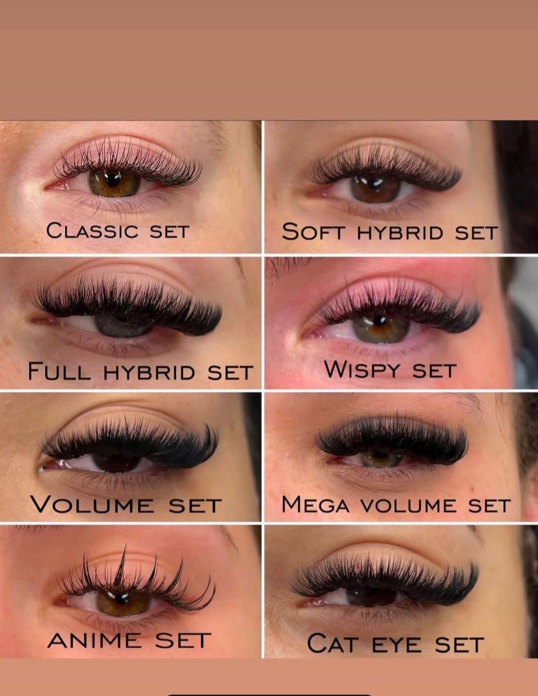 Eight lash extension styles done at Glam House: classic, soft hybrid, full hybrid, wispy, volume, mega volume, anime and cat eye